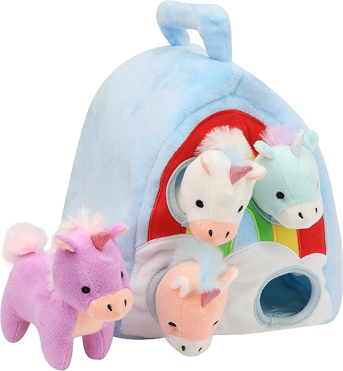 Hopearl Unicorn Plush Rainbow Bag with 4 Baby Unicorns Stuffed Animals Play Set Toy House with Handle Plush Toy Set Gifts for Girls Toddlers Age 3, 4 5, 6, 7, 8 11''