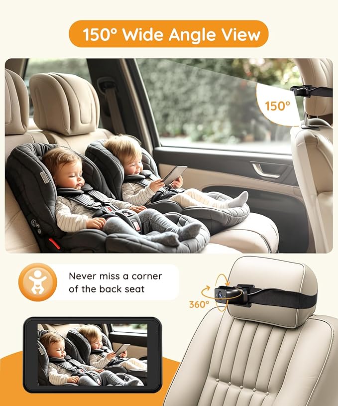 Baby Car Camera Plug-Play, 4.5" 1080P HD Crystal Clear View Baby Car Mirror Camera with 3X Zoom, IR-Cut Night Vision, Flexible 360 Rotation Adjustable Function