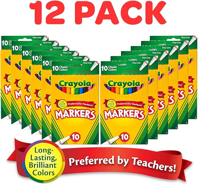 Crayola Fine Line Markers (12pk), Coloring Markers for Kids, Back to School Supplies, Teacher Classroom Must Have, 10 Colors, 3+