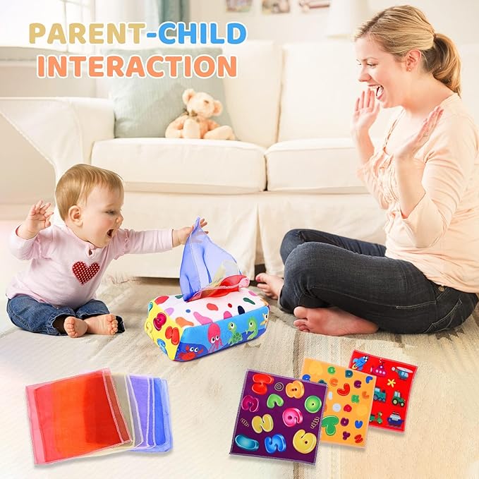 Baby Toys 6 to 12 Months - Tissue Box Toy Montessori for Babies 6-12 Months, Soft Stuffed High Contrast Crinkle Infant Sensory Toys