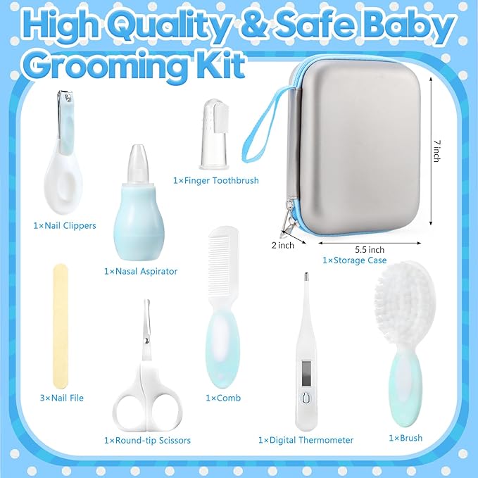 Little Angel Baby Grooming Kit,Baby Grooming Kit Newborn Care Set with Hair Brush Comb Finger Toothbrush Nasal Aspirator etc for Nursery Newborn Infant Toddlers Boys Girls(Blue)
