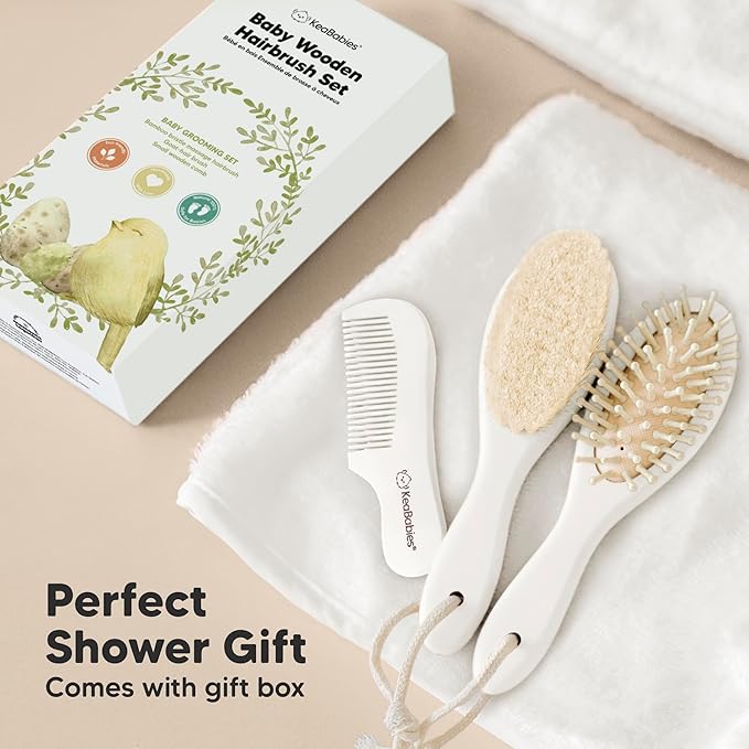 Baby Hair Brush and Comb Set for Newborn - Wooden Baby Hair Brush Set with Soft Goat Bristle, Baby Brush Set for Newborns, Baby Brush and Comb Set Girl, Boy, Toddler Cradle Cap Brush (Oval, Vanilla)