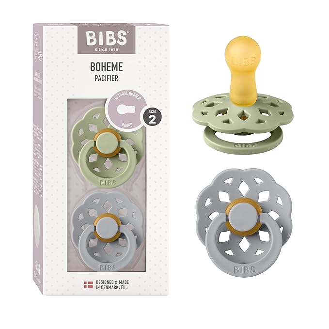 BIBS Pacifiers - Boheme Collection | BPA-Free Baby Pacifier 2 Sage/Cloud 6-18 Months