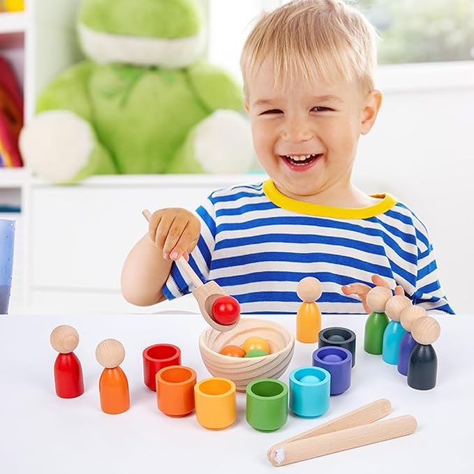 Montessori Balls in Cups Wooden Peg Dolls in Cups, Toddler Color Sorting Toys and Matching Game