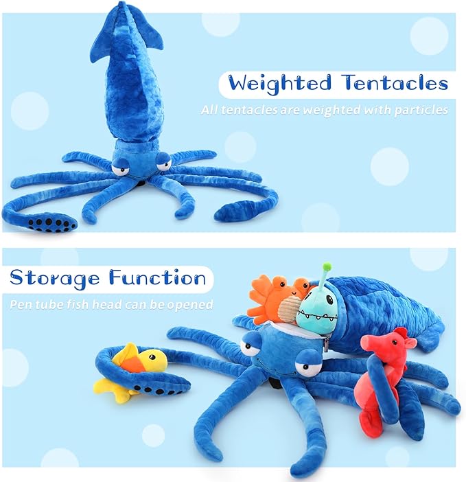 Giant Squid Stuffed Animal Toy 41.3 inches with Four pcs of Marine Animal Plush Dolls Clownfish,Crab