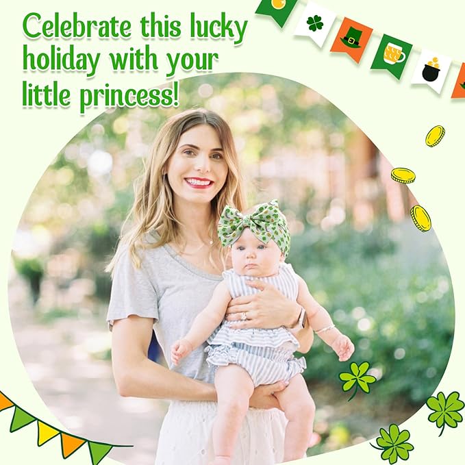 St. Patrick's Day Handmade Elastic Headbands, 3PCS Shamrock Printed Bows