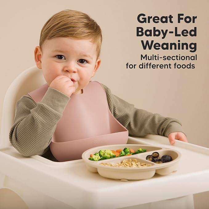 KeaBabies Suction Plates with Lids for Baby - 3-Pack 100% Silicone Suction Plates for Baby, Kids,Toddler Plates,Divided Baby Plates with Suction,Lids, BPA-Free, Microwave, Dishwasher Safe (Slate)