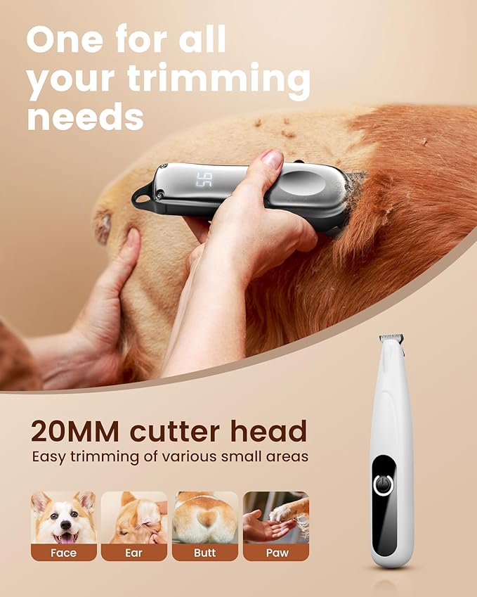 Dog Grooming Kit with Dog Paw Trimmer for Heavy Thick Hair, Low Noise Clippers for Grooming with Stainless Steel Blade, Cordless Dog Hair Clippers, Rechargeable Dog Shaver for Pets Cats