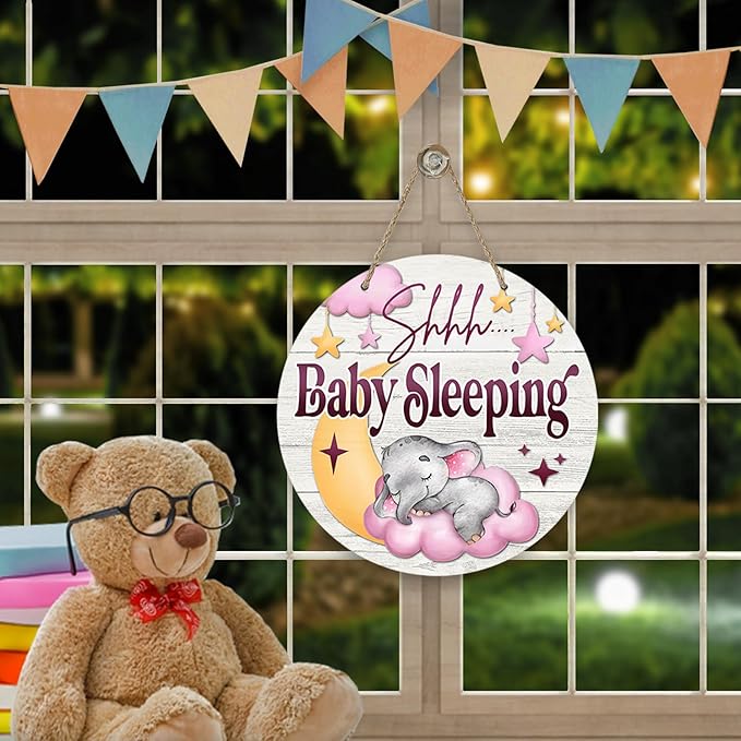 Deroro Shhh Baby Sleeping Front Door Sign, Elephant Moon Pink Cloud Stars Wood Door Hanger Outdoor Porch Nursery Decor