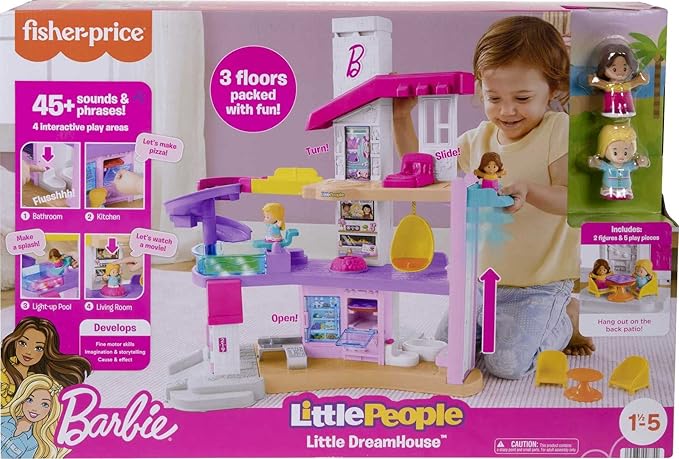 Fisher-Price Little People Barbie Toddler Toy Little DreamHouse Playset with Music Lights & Figures for Pretend Play Kids Ages 18+ Months