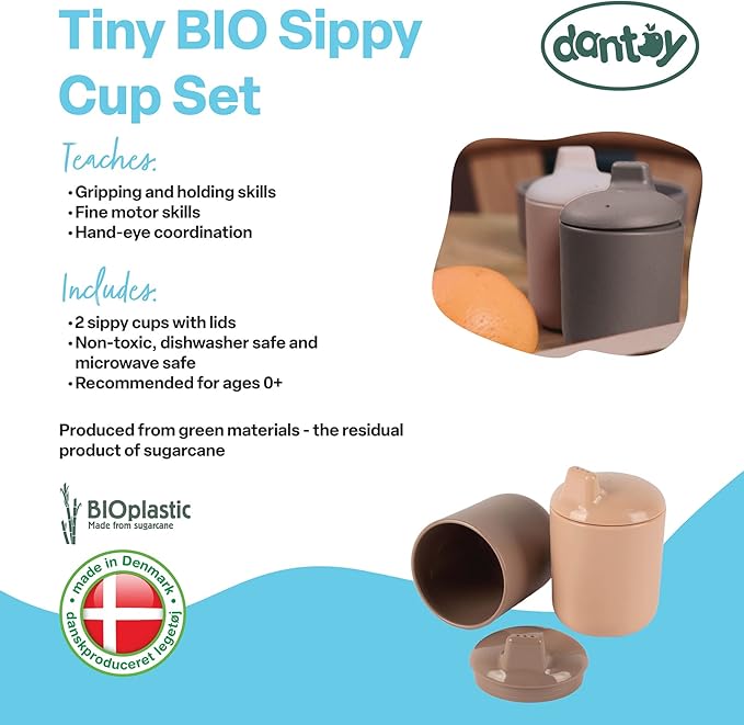 Dantoy TINY BIO Bioplastic Sippy Cup Set (2 Cups with Sippy Lids, Mocha/Nude)