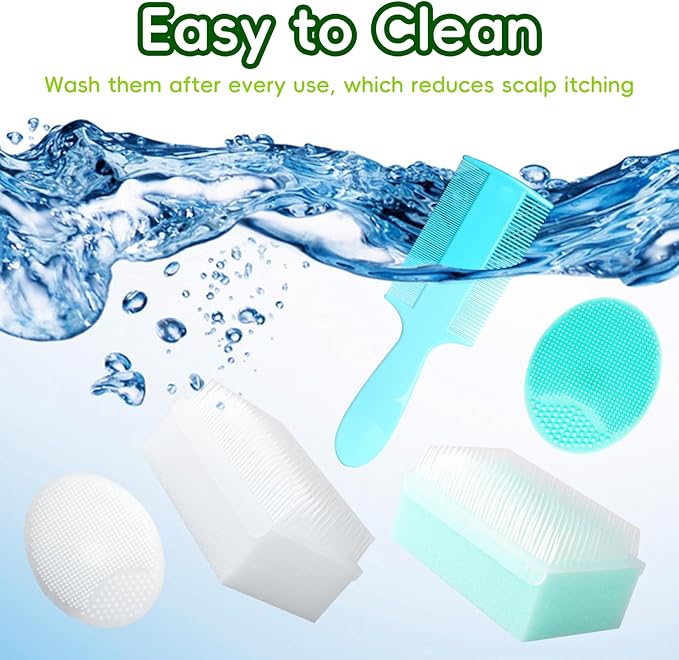 Cradle Cap Brush for Babies, Set of 5 Baby Bath Essentials with Bath Sponge Silicone Scrubber Long Handle Comb for Newborns Toddlers Boys Girls (Green)