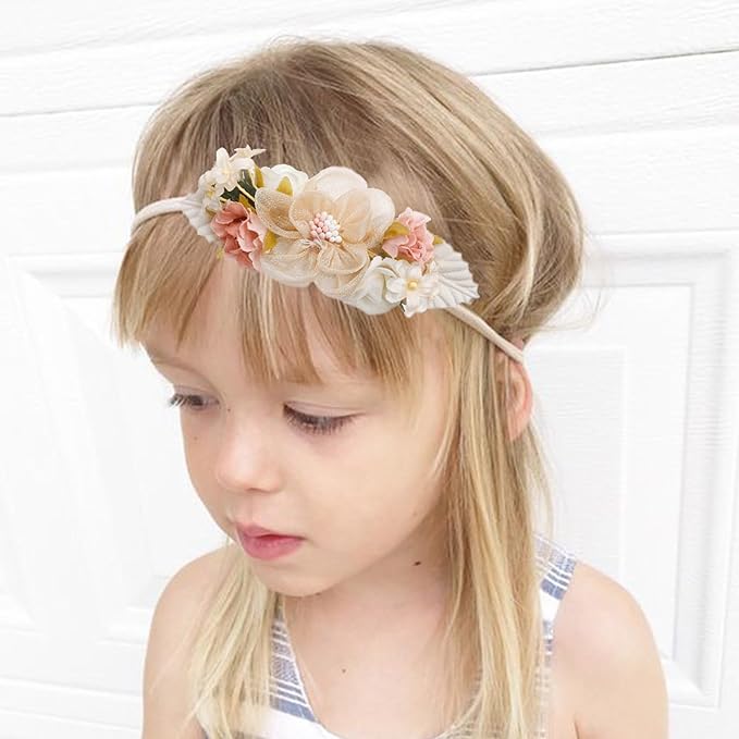 Delicate Floral Headbands Set for Girls - 3pcs Elastic Nylon Pearl Hair Bands, Soft & Stretchy Accessories for Infants