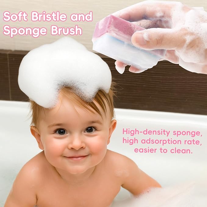 Cradle Cap Brush for Babies, 5Pcs Cradle Cap Treatment Set with Soft Bristle Brushes Silicone Scrubber Fine-Tooth Comb for Newborn Bathing Essentials Baby Brush and Comb Set (Pink)