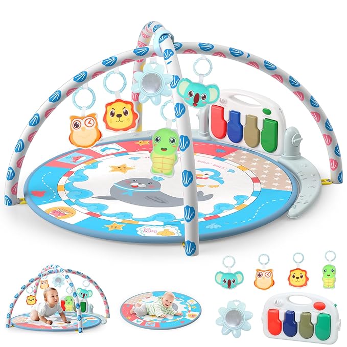 Baby Tummy Time Mat, Baby Gyms Playmats Activity Mat with 4 Toys and Mirror 40 Music, 3 to 18 Month(Blue)