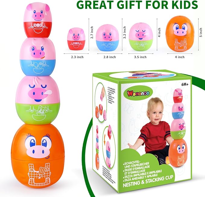 Piggy Toddler Stacking Nesting Toys for Toddlers 1-3, 8PCS Pig Eggs Matching Game STEM Preschool Learning Sensory Nesting Dolls Animals Baby Bath Toys Gift for 6 Months+