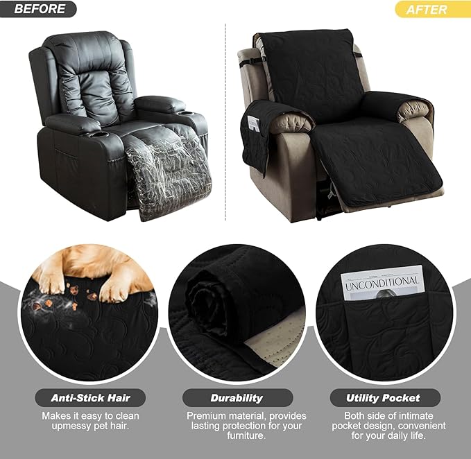 100% Waterproof Recliner Chair Cover, Recliner Chair Covers for Reclining Chair, Non-Slip Fabric Recliner Couch Cover for Living Room, for Pets Kids Protector, Washable (Black, 28"Recliner Chair)