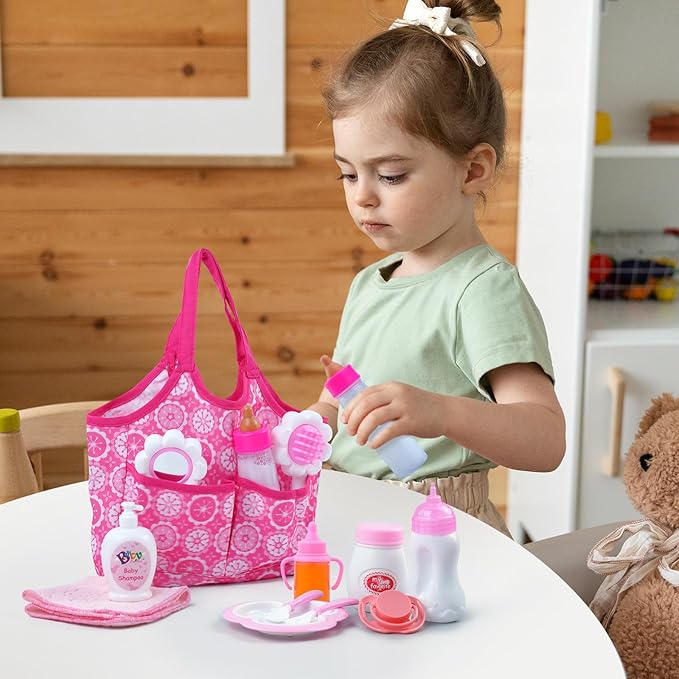 BABESIDE Baby Doll Bottles and Accessories 15 Pcs Baby Doll Feeding Set Including Diaper Bag, Magic Bottles 12-15 Inches