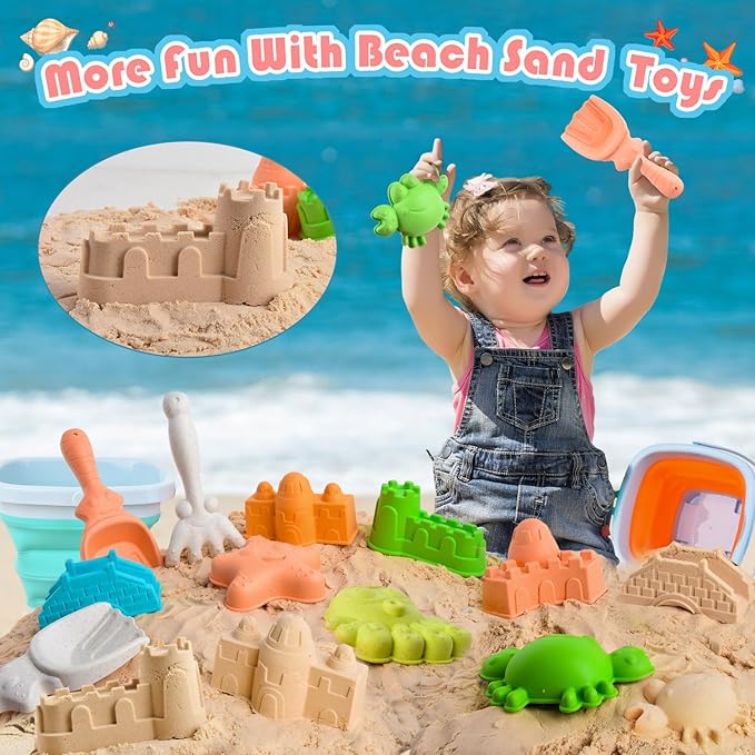 Collapsible Beach Sand Toys for Toddler Sand Toys for Kids 2 Packs Foldable Buckets with Sand Molds,Shovels for Beach 3 4 5 6 7 8+