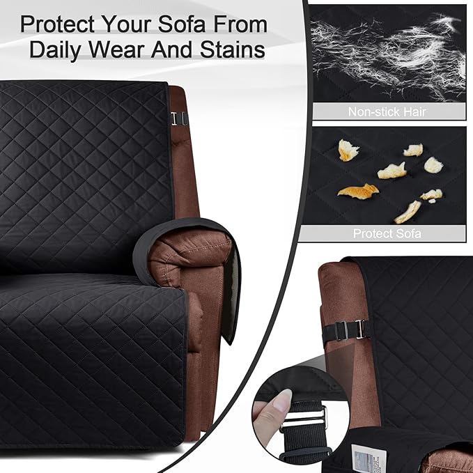 KinCam 100% Waterproof Recliner Chair Cover, Reclining Couch Covers for Pets, Dogs, Recliner Couch Slipcover Furniture Protector with Elastic Straps for Kids(28", Black)