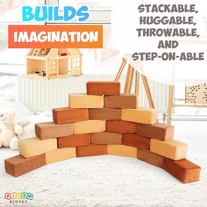 The Original Premium Plush Building Block for Kids - Certified Safe Foam Blocks in Luxuriously Soft Fabric Covers 24 (Desert)