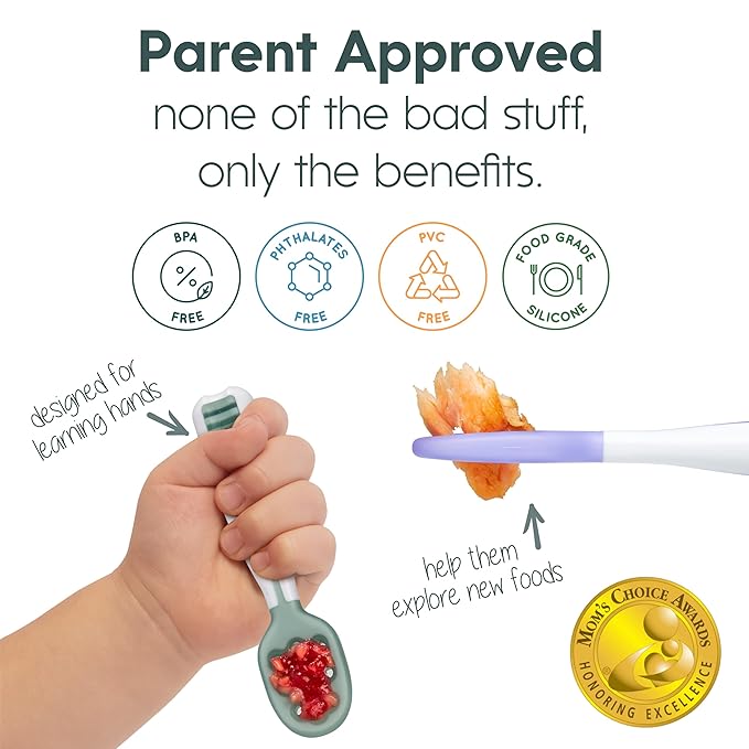 NumNum Baby Spoons Set, Pre-Spoon GOOtensils for Kids Aged 6+ Months - First Stage, Baby Led Weaning (BLW) Spoon - Self Feeding, Silicone Toddler Food Utensils - 2 Spoons, Red/Yellow