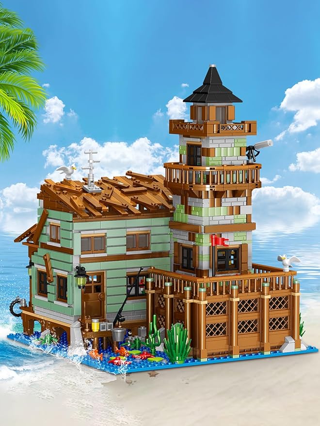 Fishing Village Store House Building Set, 1881 PCS Wood Cabin Mini Building Block Kit 8-14+ Teens