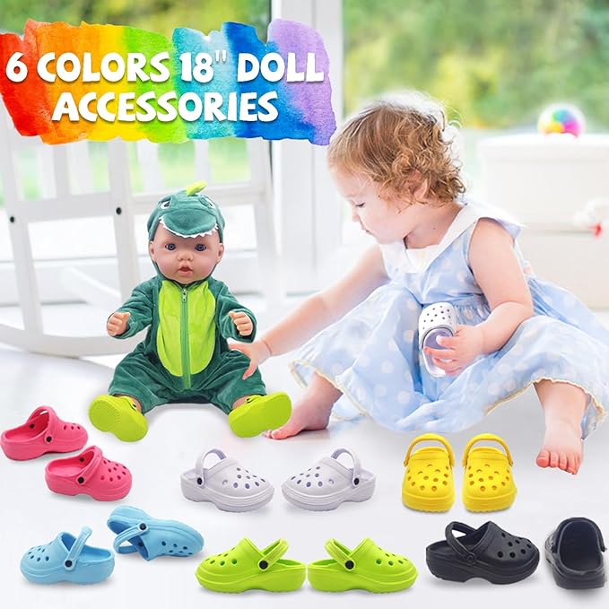 6 Pairs of Doll’s Classic Clogs, Baby Doll Accessories 18 Inch Doll Shoes 6 Colors Doll for 18 Inch Dolls 18 Inch