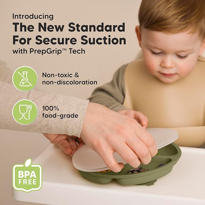 KeaBabies Suction Plates with Lids for Baby - 3-Pack 100% Silicone Suction Plates for Baby, Kids,Toddler Plates,Divided Baby Plates with Suction,Lids, BPA-Free, Microwave, Dishwasher Safe (Harvest)