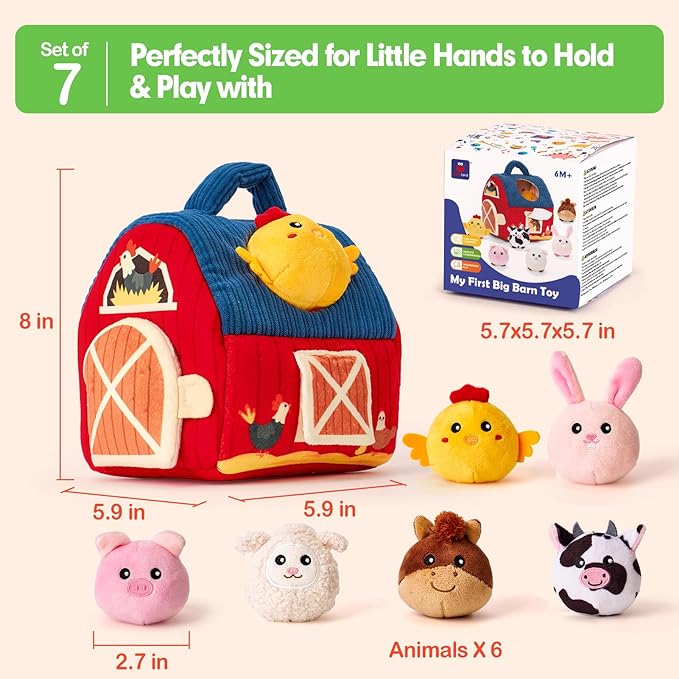 hahaland Baby Toys 6-12 Months - Surprise Barn with Stuffed Farm Animals, Rattle 1-3