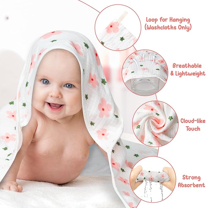 Zainpe 4Pcs Muslin Baby Hooded Towel & Washcloth Set Floral 31.5 x 31.5 in