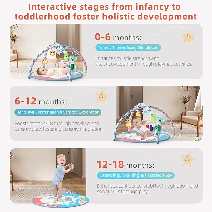 Baby Tummy Time Mat, Baby Gyms Playmats Activity Mat with 4 Toys and Mirror 40 Music, 3 to 18 Month(Blue)