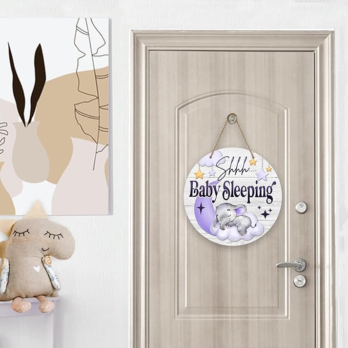 Deroro Shhh Baby Sleeping Front Door Sign, Elephant Purple Moon Cloud Stars Wood Door Hanger Outdoor Porch Nursery Decor