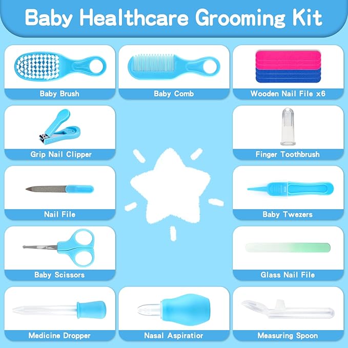 Baby Healthcare and Grooming Kit, Baby Safety Care Set, Baby Electric Nail Trimmer Set Newborn Nursery Health Care Set for Newborn Infant Toddlers Baby Boys Girls Kids (Blue-18 Kits)