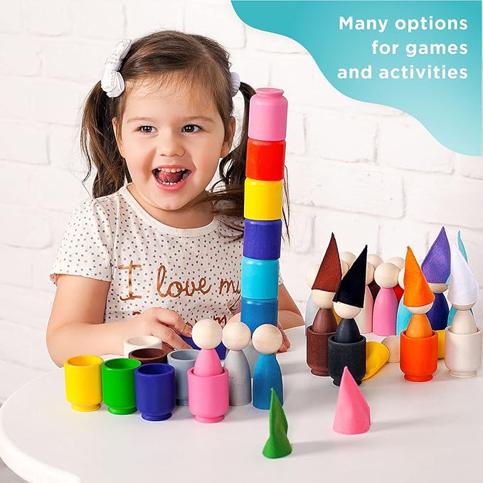 Ulanik Large Peg Dolls in Cups with Hats Toddler Montessori Toys for 3 Year Old + Wooden Waldorf Dolls for Learning Color Sorting and Counting β 12 Gnomes