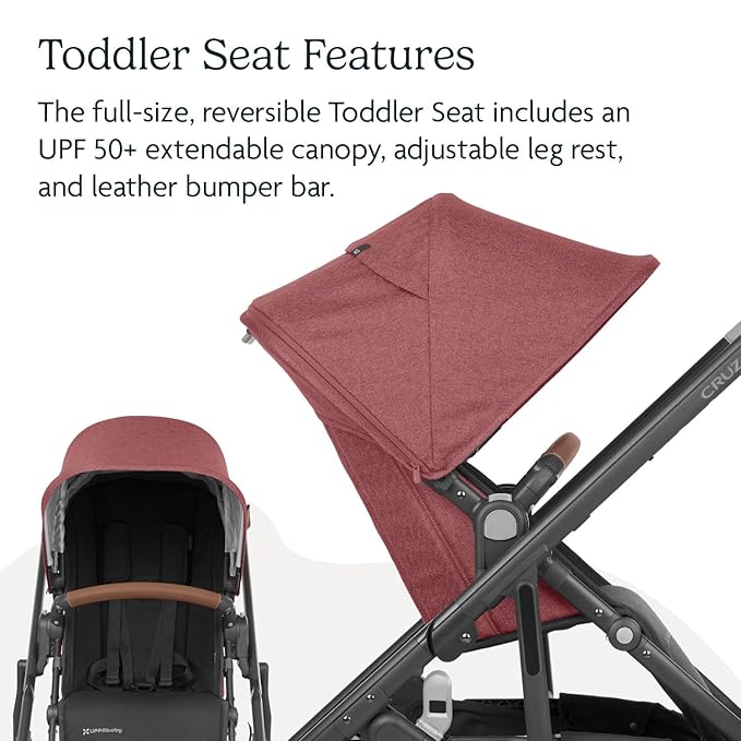 UPPAbaby Cruz V2 Stroller/Full-Featured Stroller with Travel System Capabilities/Toddler Seat, Bumper Bar, Bug Shield, Rain Shield Included/Lucy (Rosewood Mélange/Carbon Frame/Saddle Leather)