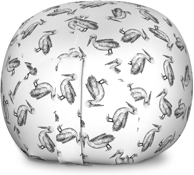 Lunarable Pelican Storage Toy Bag Chair, Pattern of Animals in Hand Drawn Sketch Style Monochrome Birds Print, Stuffed Animal Organizer Washable Bag, Large Size, White Black