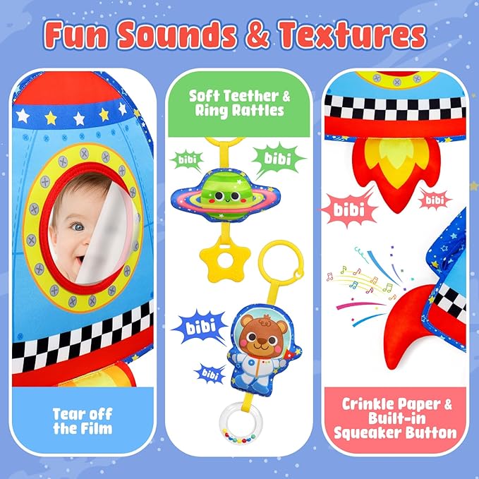 Dr.Rapeti Double-Sided Car Seat Toy, Rear Facing Car Seat Toy, Travel Activity Set, Easier Drive for Newborn, Adjustable Activity Arch with Baby Mirror, Teether, Ring Rattles