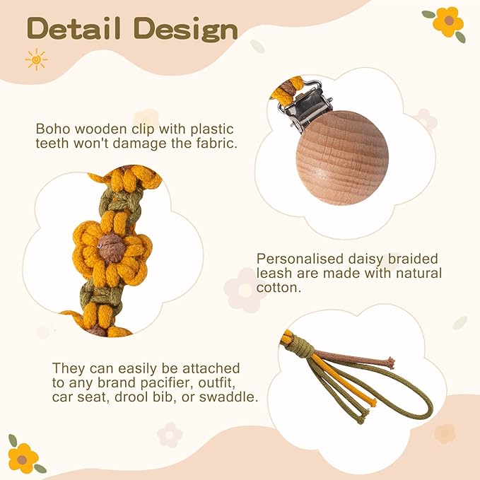 Pacifier Clip for Boys Girls Flower Daisy Macrame Pacifier Holder