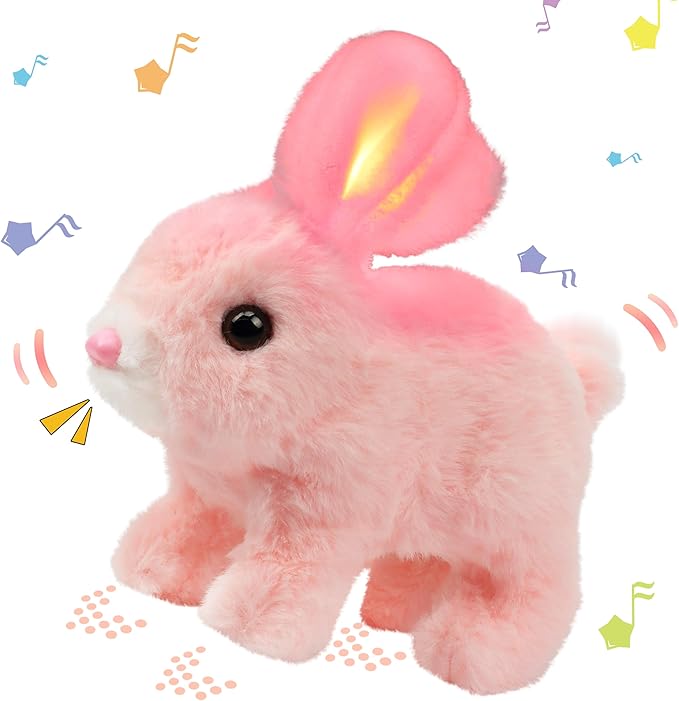 Hopearl Hopping Rabbit with LED Ears Interactive Electronic Pet Plush Bunny Toy with Sounds and Movements Animated Walking Wiggle Light up Ears Twitch Nose Gifts for Toddlers Birthday, Pink 7''