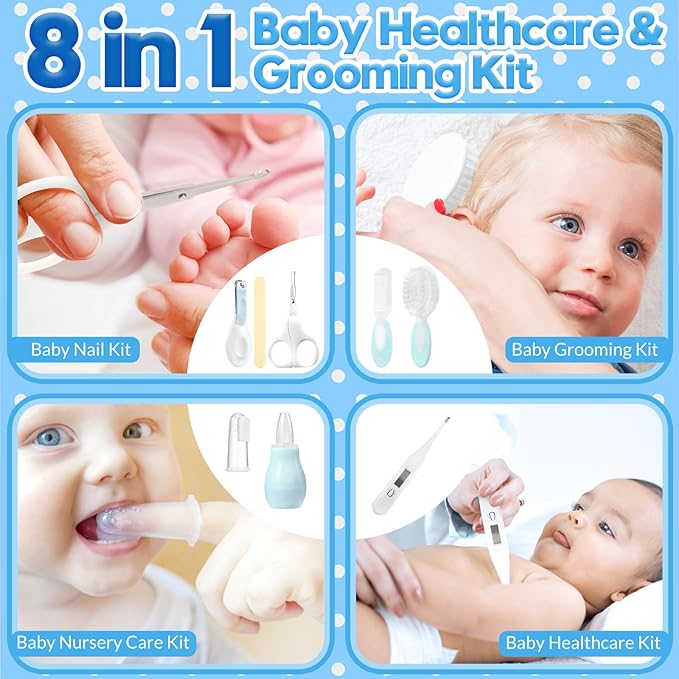 Little Angel Baby Grooming Kit,Baby Grooming Kit Newborn Care Set with Hair Brush Comb Finger Toothbrush Nasal Aspirator etc for Nursery Newborn Infant Toddlers Boys Girls(Blue)