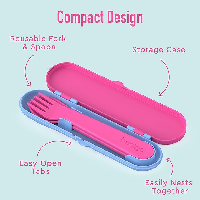 Bentgo Kids Utensil Set - Reusable Plastic Fork, Spoon & Storage Case BPA-Free Materials, Easy-Grip Handles, Dishwasher Safe Ideal for School Lunch, Travel, Outdoors (Rainbows and Butterflies)
