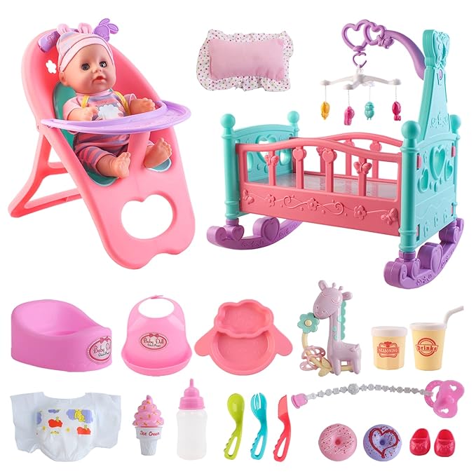 deAO 12” Baby Doll Play Set with Crib, Mobile 21 PCS