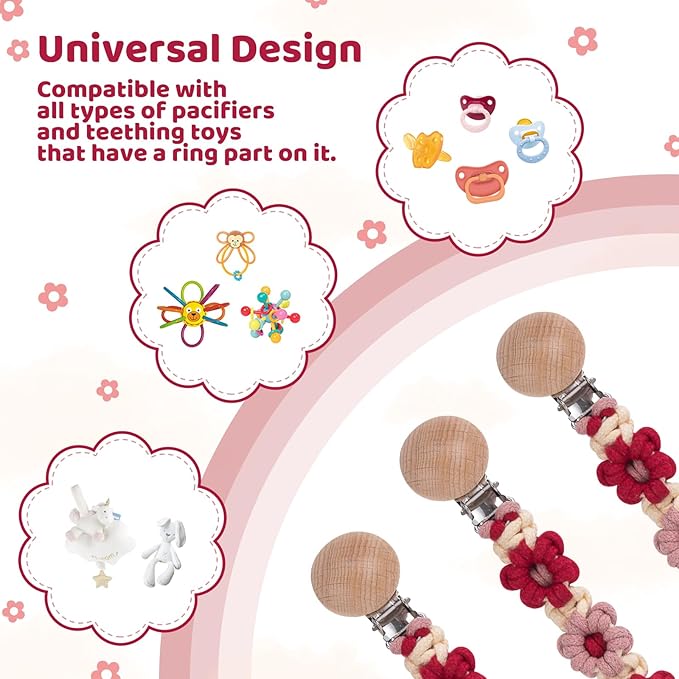 Pacifier Clip for Boys Girls Floral Daisy Macrame Baby Paci (1pack:Red Daisy)
