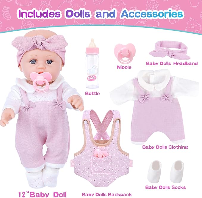 12 Inch Baby Doll Playset with Clothes and Dolls Carrier Accessories Included Baby Carrier, Bottles