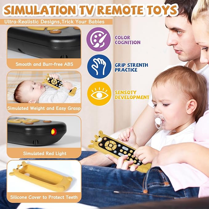 Orzbow Baby Remote Control Toy for 6 Month+ with Silicone Teether Cover, TV Remote Toy with Realistic Light and Sound - English
