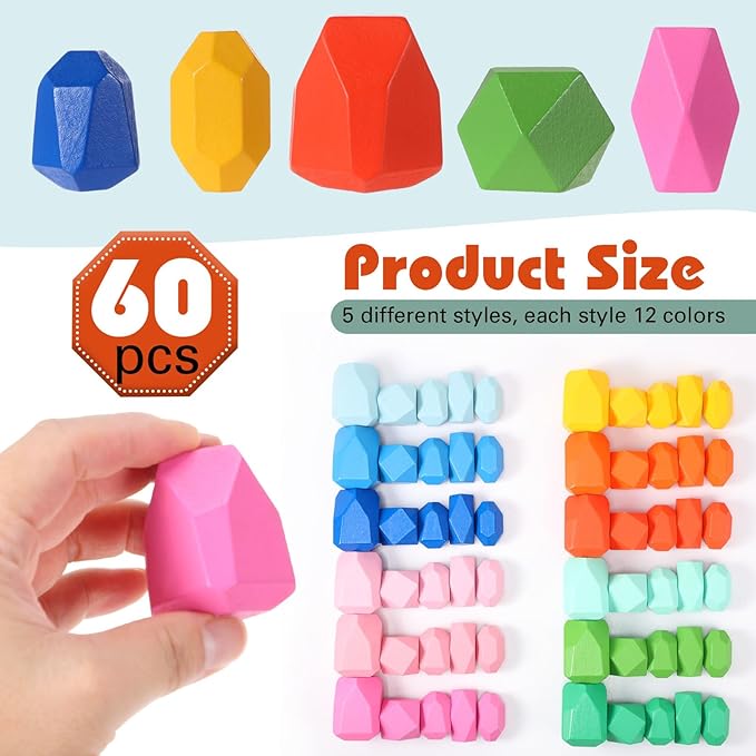 60 Pcs Stacking Rocks Montessori Toys for 1+ Year Old