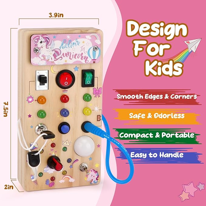 Unicorn Wooden Busy Board Sensory Toys with 8 LED Light 1 Year