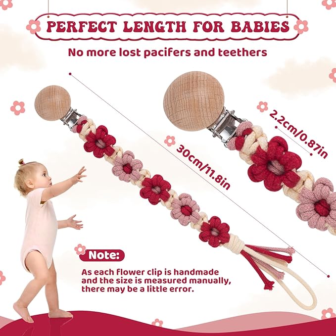Pacifier Clip for Boys Girls Floral Daisy Macrame Baby Paci (1pack:Red Daisy)