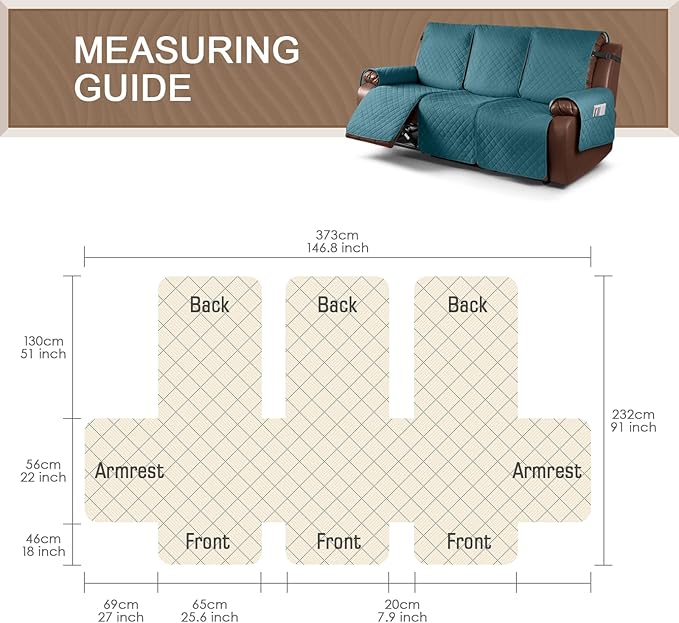 KinCam Waterproof Recliner Sofa Cover, Non-Slip Reclining Couch Covers for 3 Seat, Recliner Couch Cover Furniture Protector with Elastic Straps for Pets, Kids, Peacock Blue